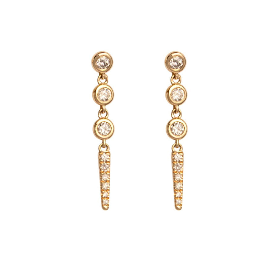 Gold stud earrings with diamonds on a white background.