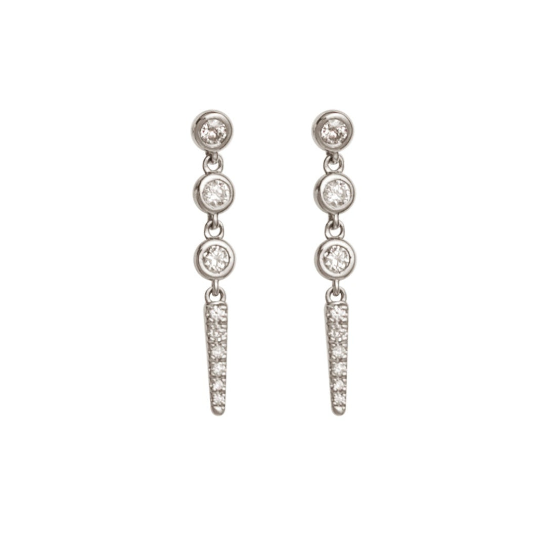Pair of white gold stud earrings with diamonds on a white background.