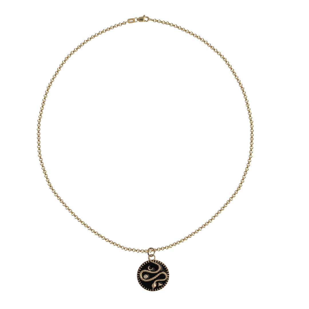 Gold necklace with a round pendant featuring a serpent on a white background.