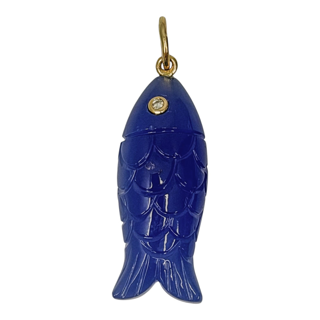 Blue calcedony fish-shaped pendant with 14k gold and diamond accents on a white background.