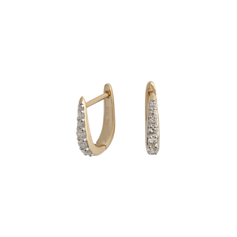 A pair of 14k gold Claw Diamond Huggie Earrings with a V-shaped design and diamond embellishments.