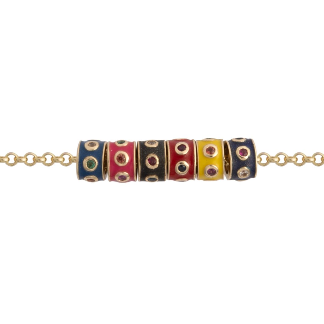 A colored enamel roundel bead necklace with a gold chain, featuring various colors including blue, red, yellow, pink, and black.