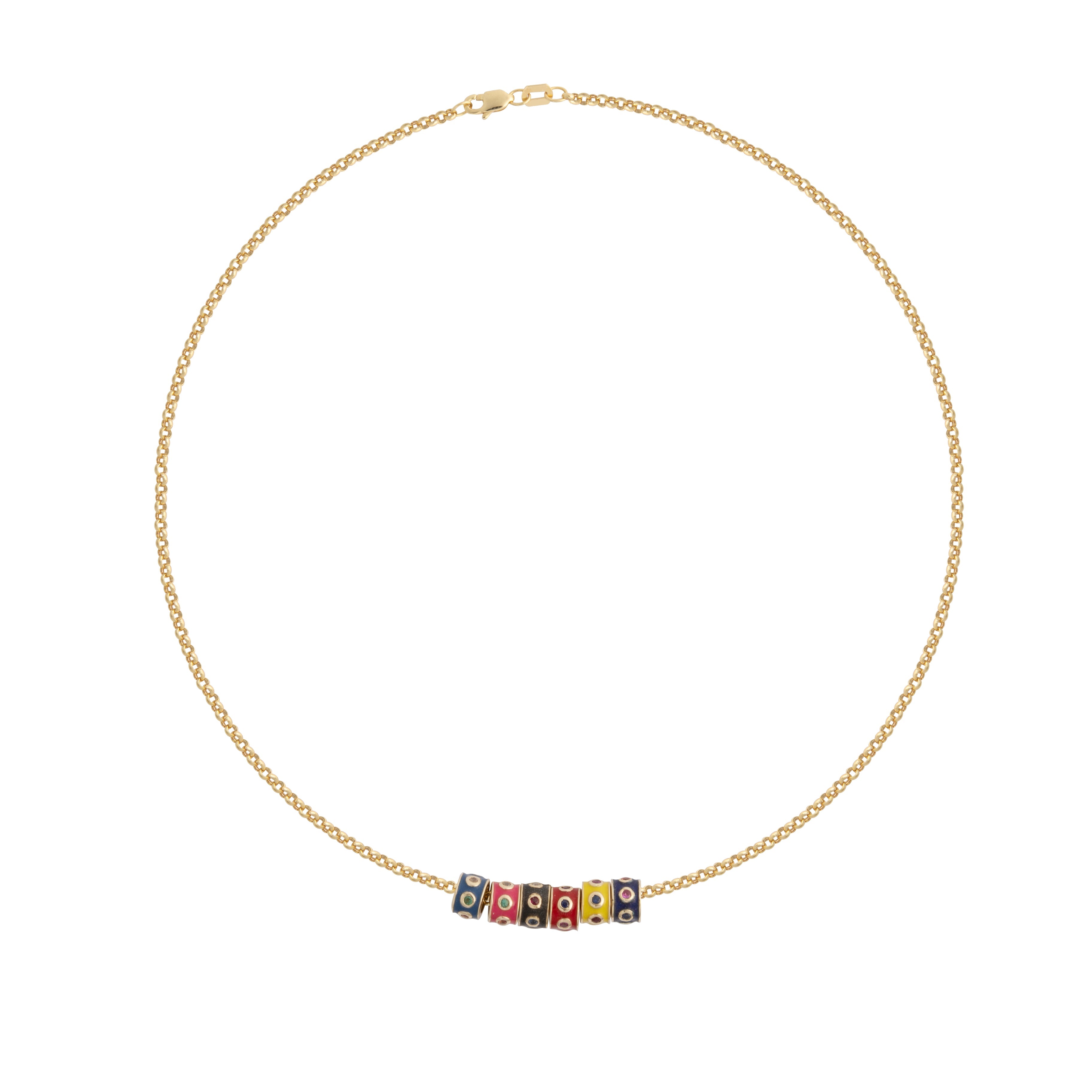 A thin gold rolo chain with colored enamel beads set on a white background.