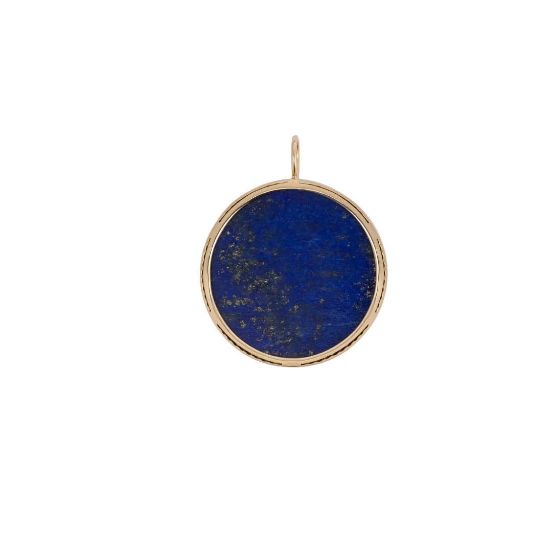 The back of a pendant, showcasing the lapis stone set in 14k gold on a white background.
