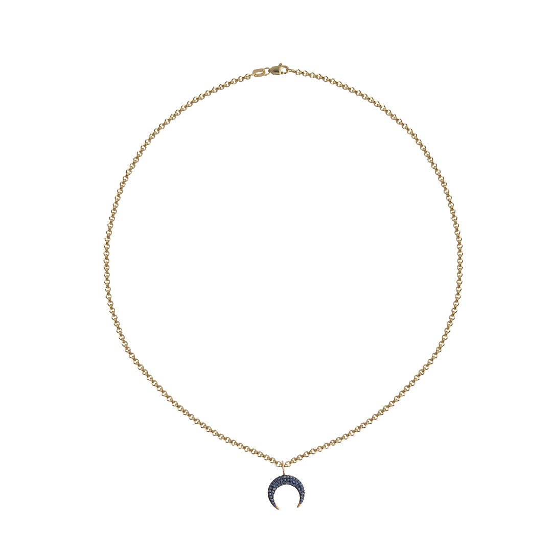 Gold necklace with a crescent moon pendant on a white background