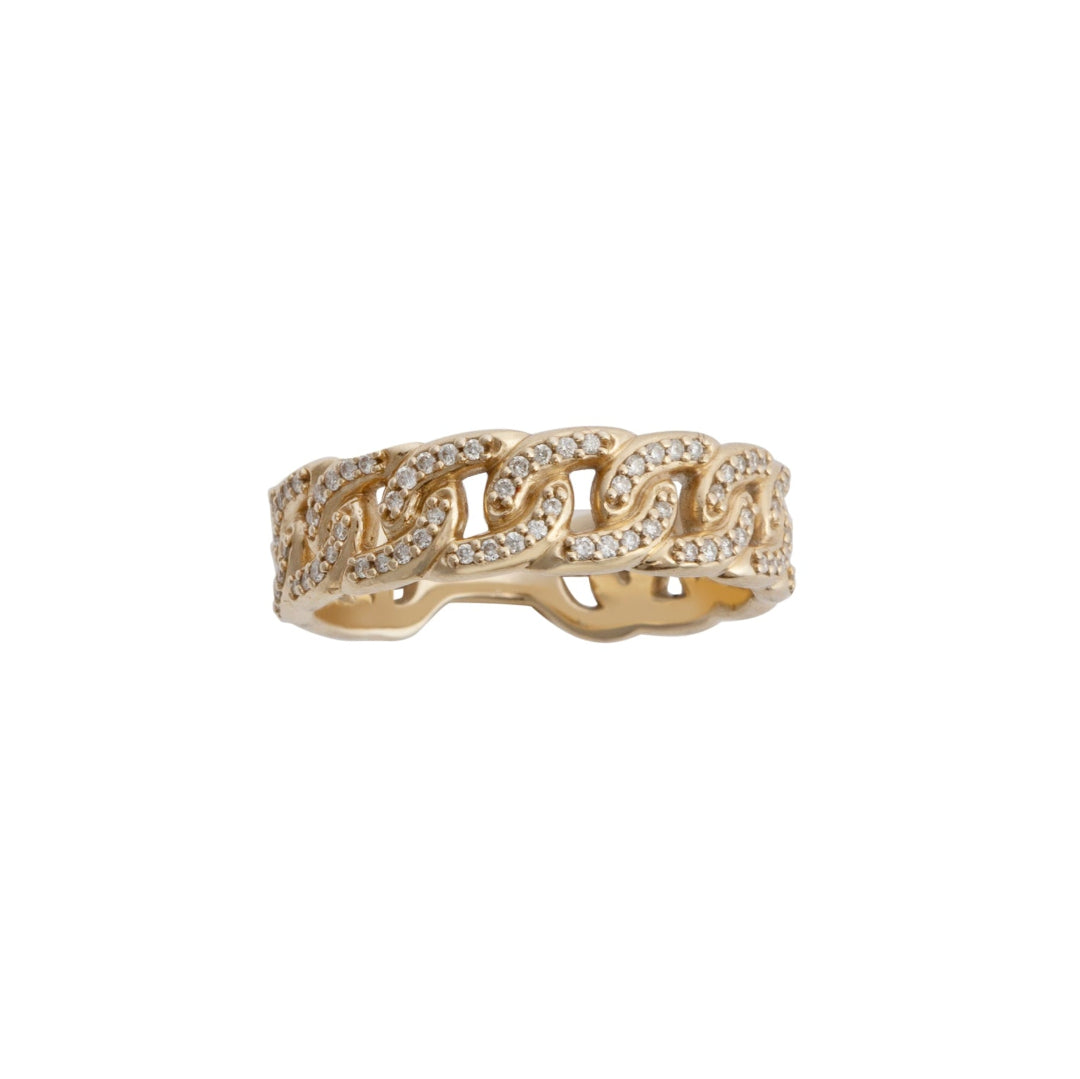 A gold curb chain link diamond ring with multiple stones set in a patterned design.