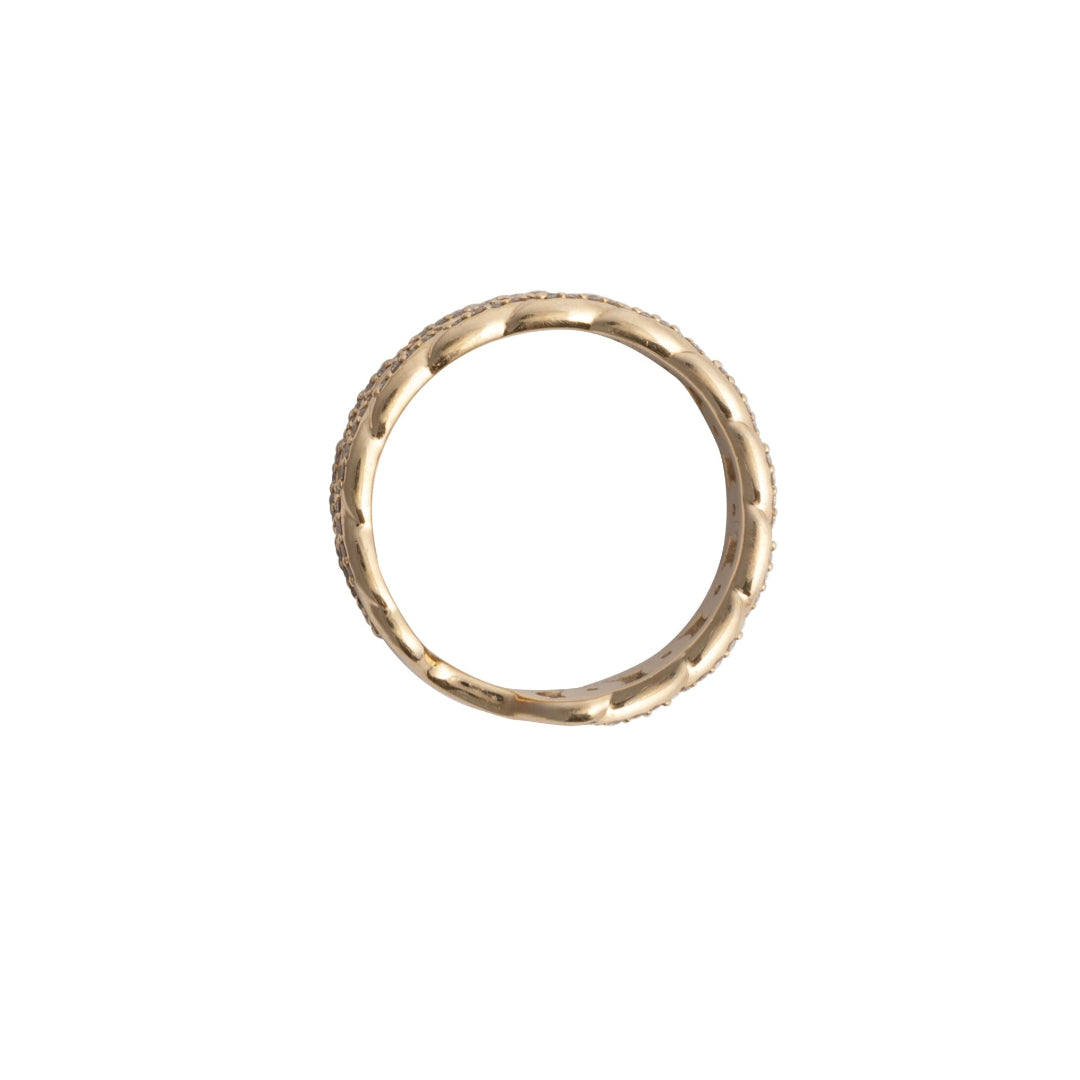A sideways view of a ring showcasing the 14k gold setting.
