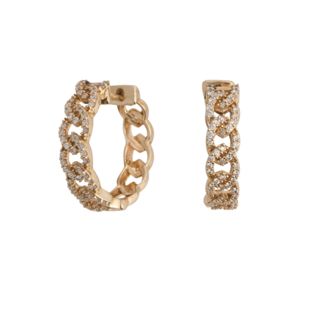 A pair of curb chain style gold hoop earrings with lab grown diamonds, displayed against a white background.