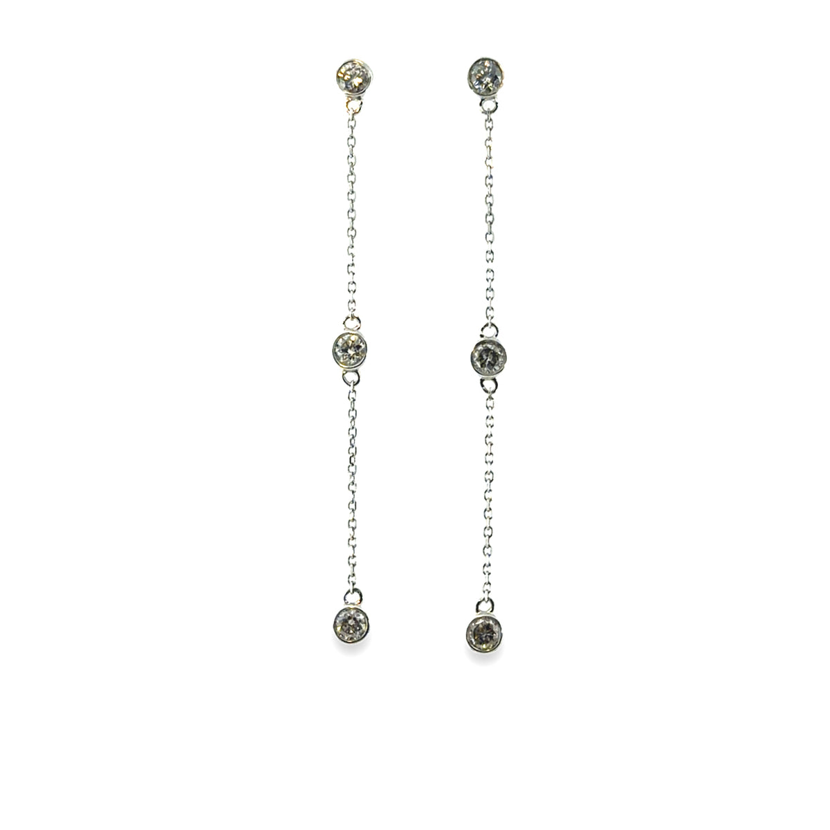 14k white gold diamond station drop earrings on a white background.