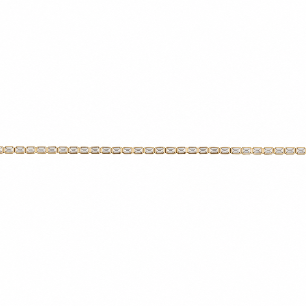 A tennis bracelet with East-West emerald cut lab-grown diamonds set in 14k gold.