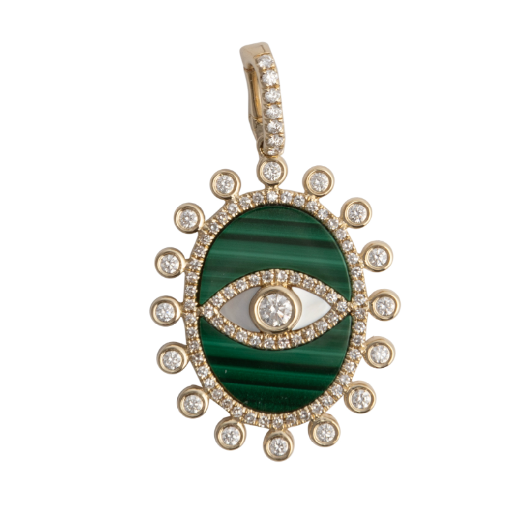 A 14k gold pendant featuring a green and white malachite and mother of pearl combination with embedded diamonds.