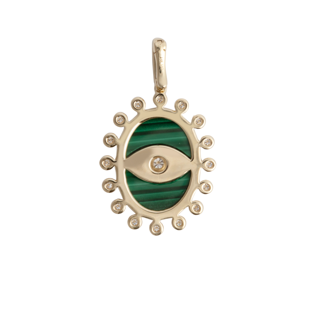 A white background showcasing the back of a malachite pendant, highlighting the 14k gold setting.