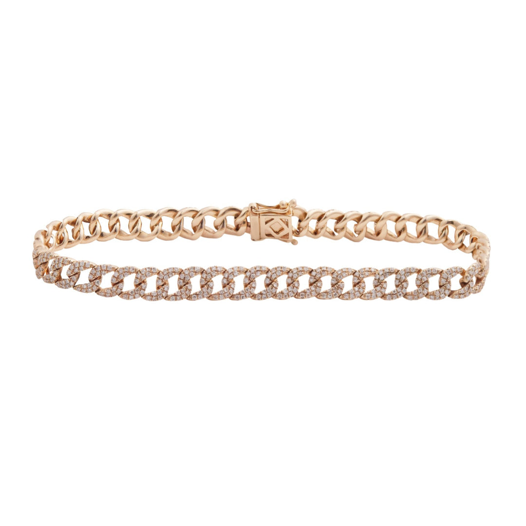 A gold diamond cuban link bracelet with glittering diamonds, displayed against a white background.