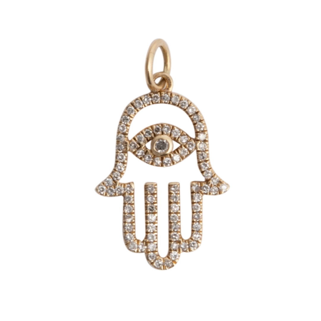 A 14k gold Hamsa diamond mini pendant with intricate design, suitable for necklaces or bracelets.