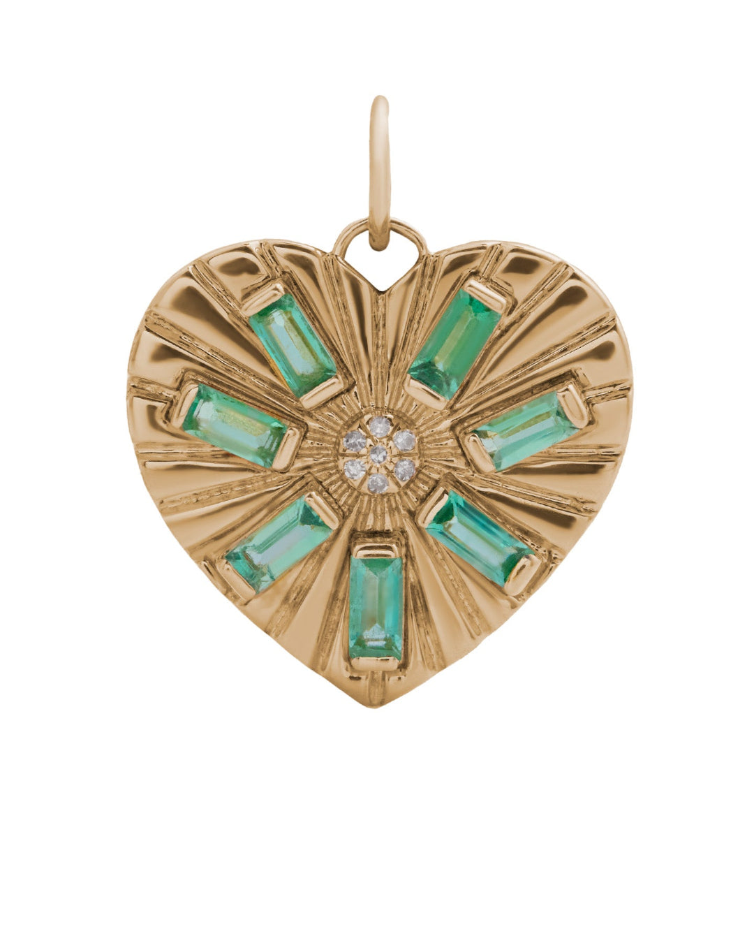A 14k gold heart-shaped pendant with diamonds and emeralds
