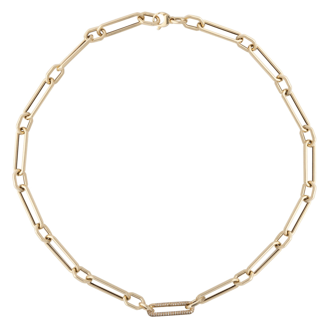 A 14k gold hexagon link chunky chain necklace with a diamond link design.