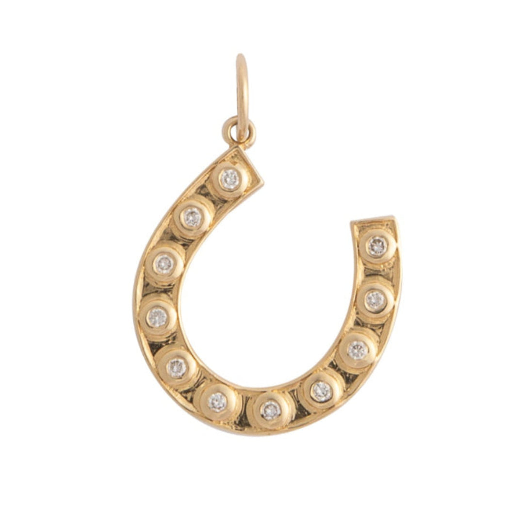 A horseshoe pendant with diamonds on a white background.