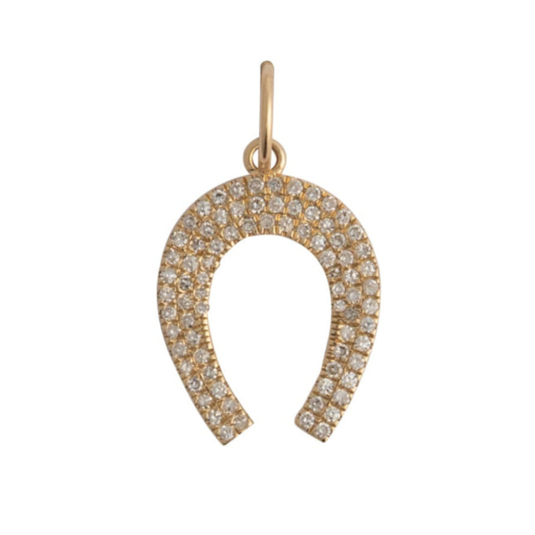 Gold horseshoe-shaped pendant on a white background