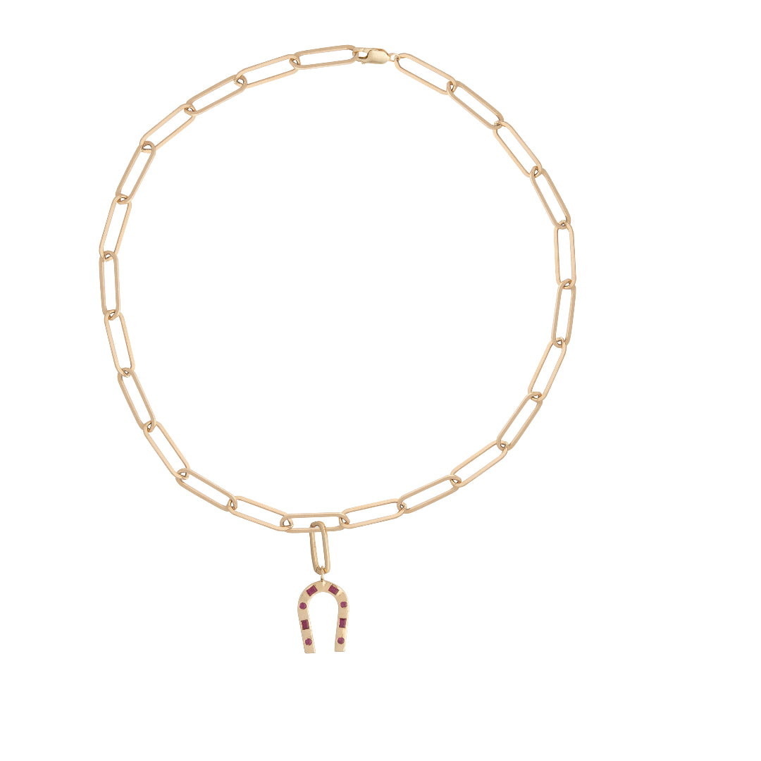 A 14k gold paperclip chain with a ruby encrusted horseshoe pendant laid out on a white background.