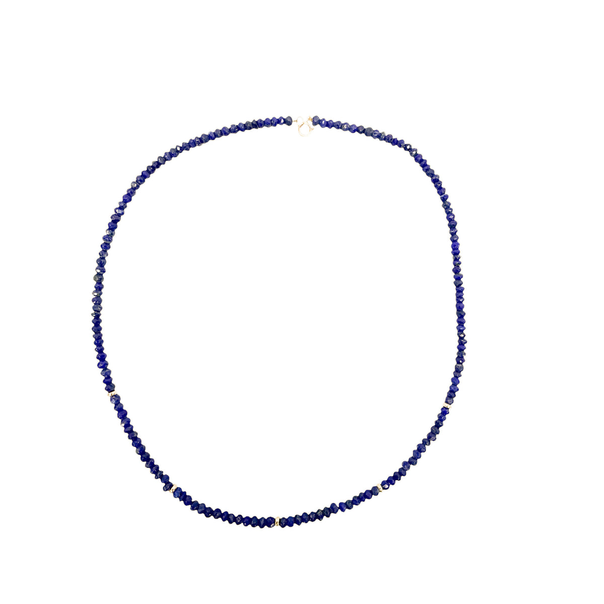 Natural lapis beaded necklace with 14k gold beads on a white background