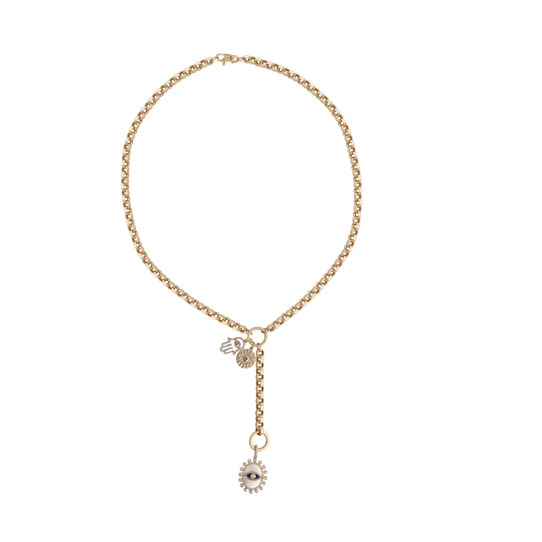 A 14k gold rolo chain lariat necklace with a y-drop design with pendants attached at two points.