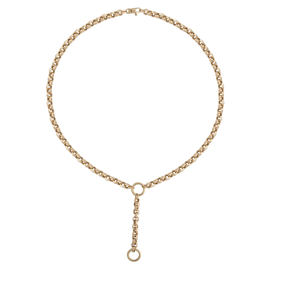 A 14k gold rolo chain lariat necklace with a y-drop design and two rings for pendant attachment.