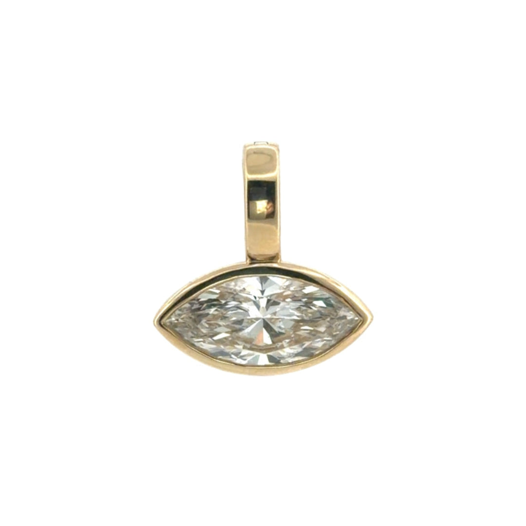 A marquise shaped la-grown diamond pendant bezel set in 14k gold, on a white background.