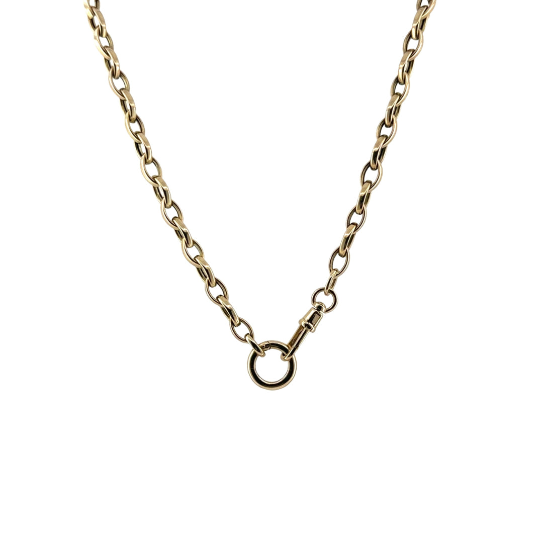A 14k gold marquise link chain styled as a traditional necklace on a white background.