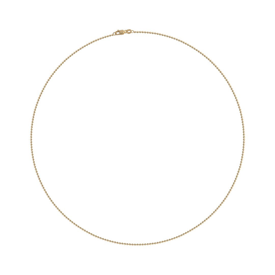 A gold ball chain necklace displayed on a plain background.