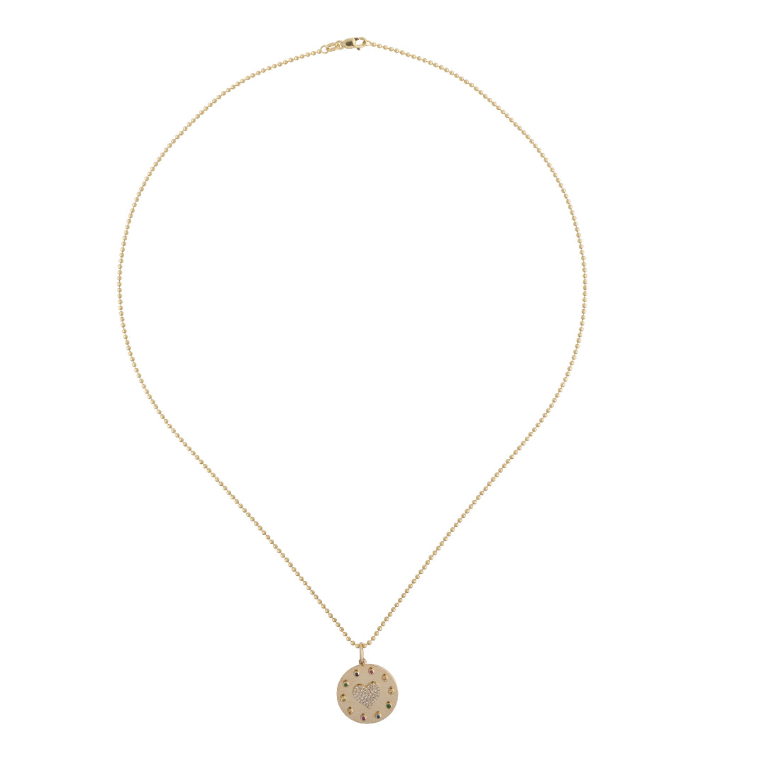 A 14k gold mini ball chain with a gold pendant with diamond pave heart attached.