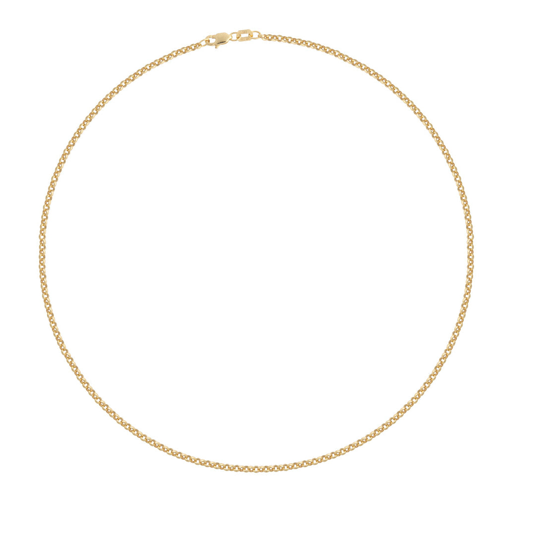 A 14k gold mini rolo chain necklace laid out on a plain background.