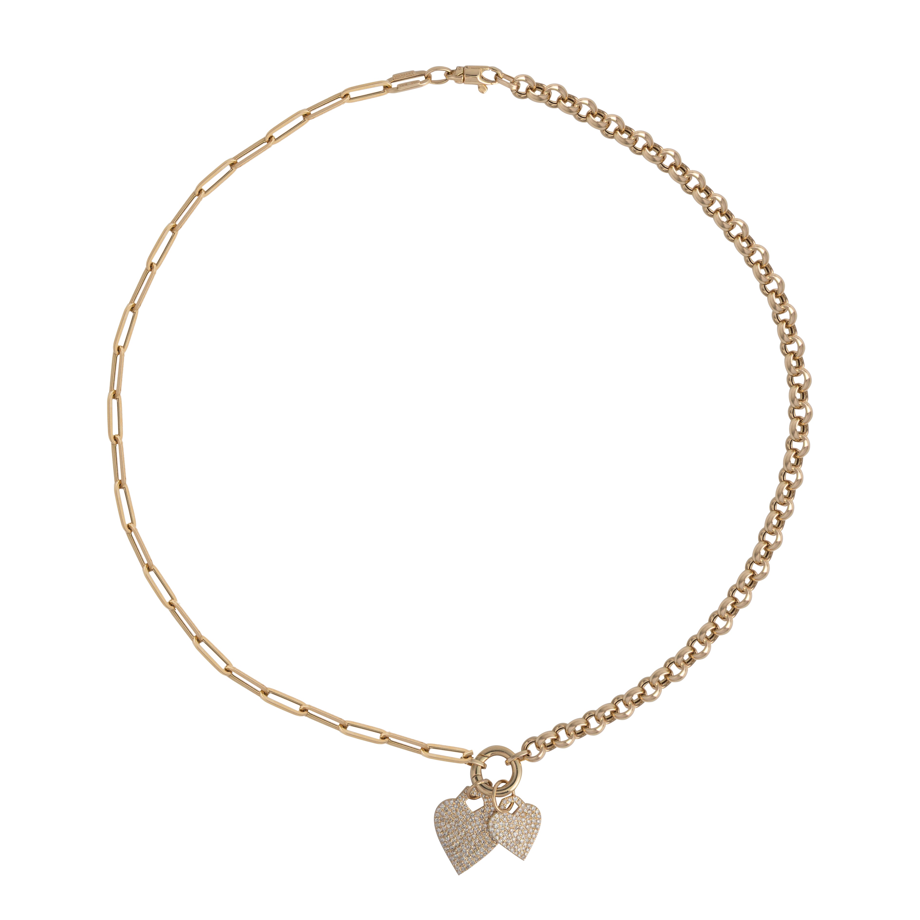 Gold chain necklace with heart-shaped charms on a white background