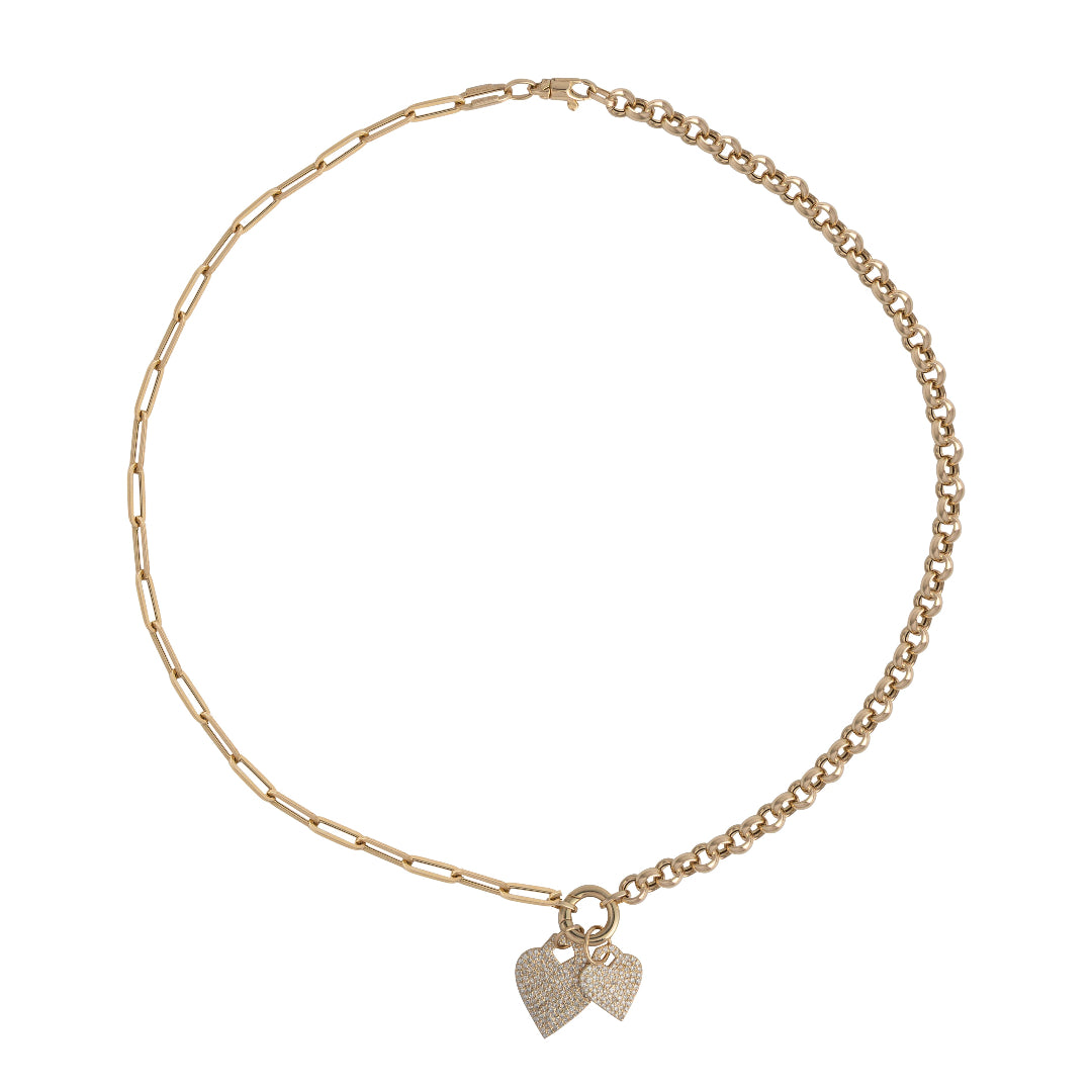 Gold chain bracelet with heart-shaped charms on a white background