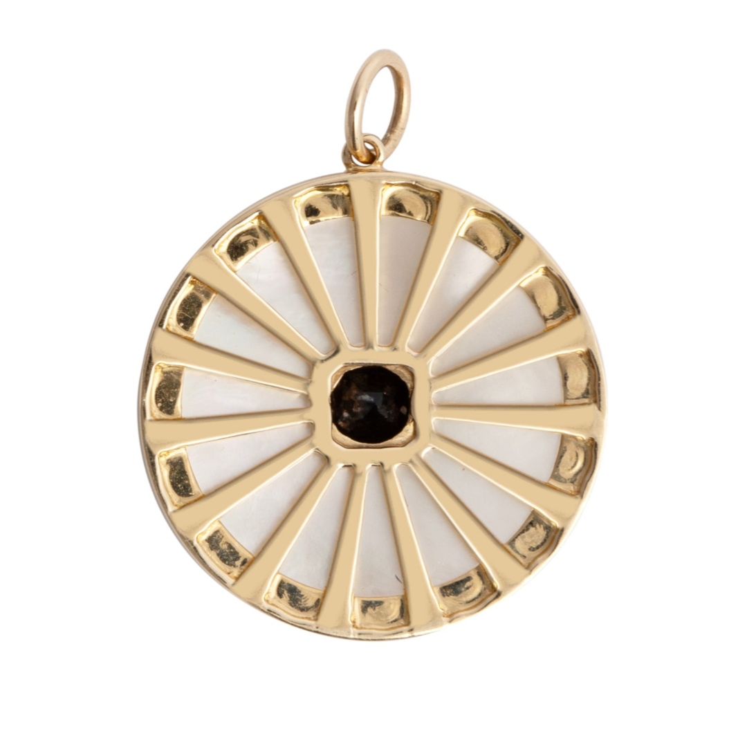 The background of a mother of pearl pendant, showcasing the gold casing all on a white background.