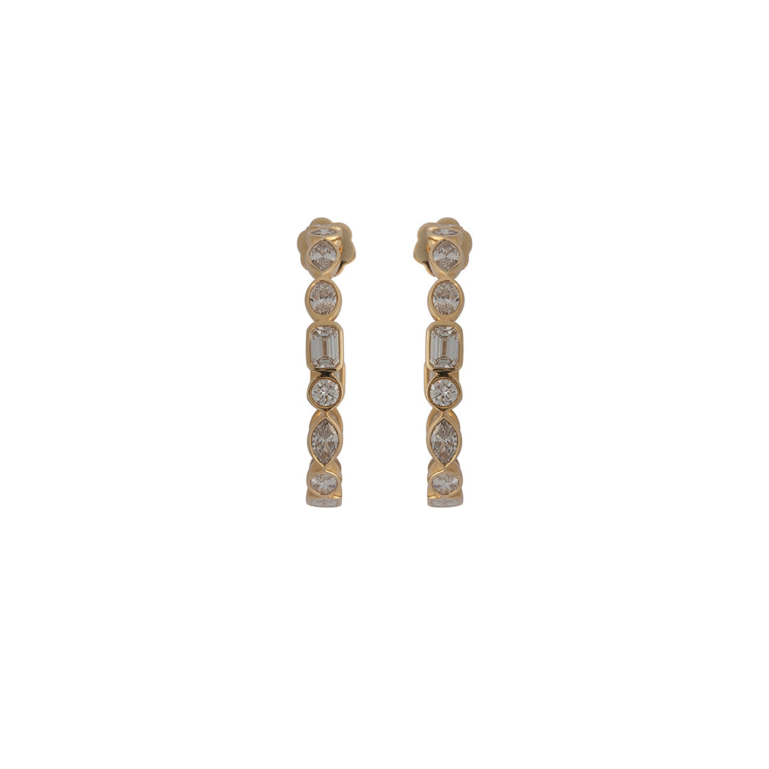 A pair of multi-shaped lab-grown diamond hoop earrings set in 14k gold.