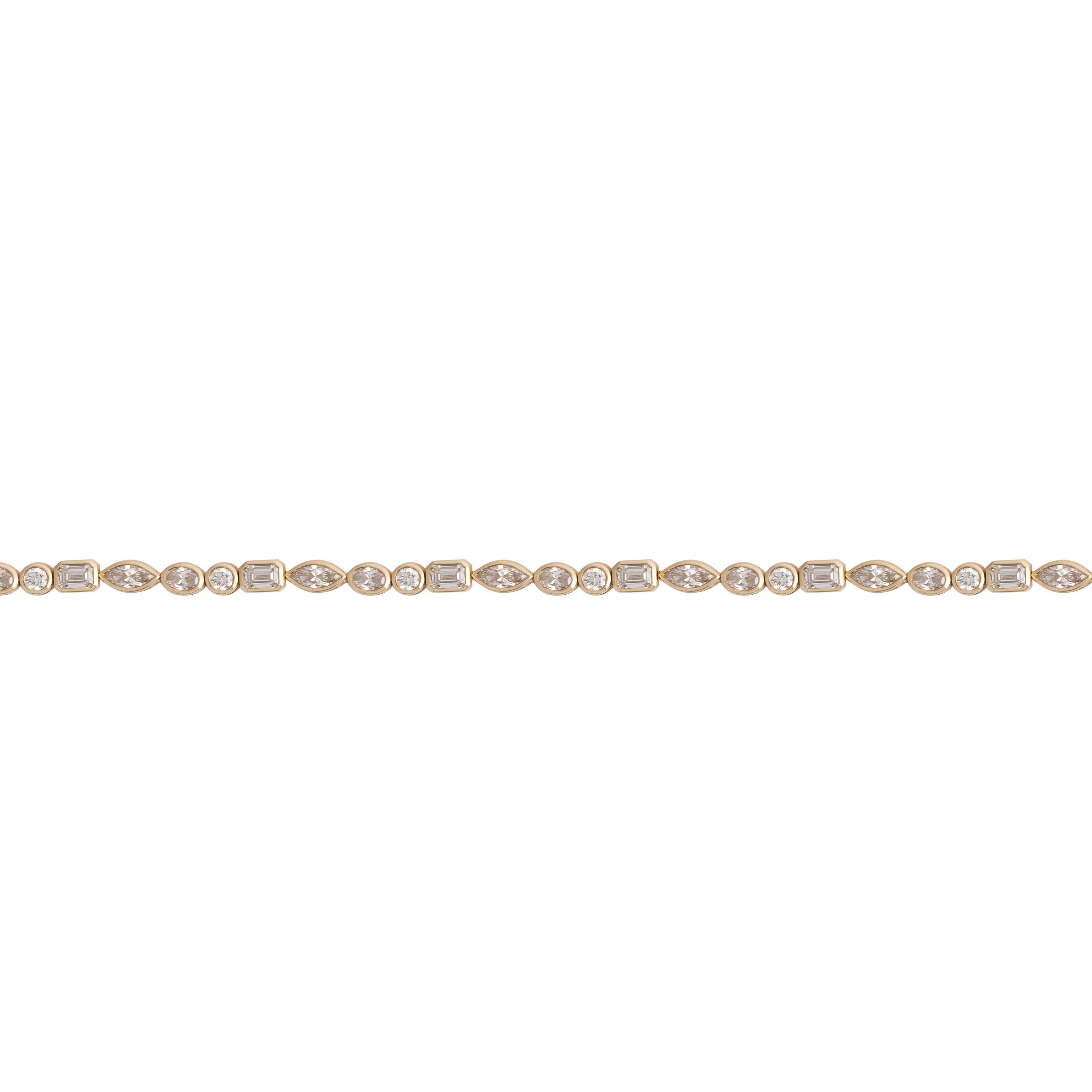 A lab-grown diamond tennis bracelet with multi-shaped, bezel-set diamonds. Set in 14k gold against a white background.