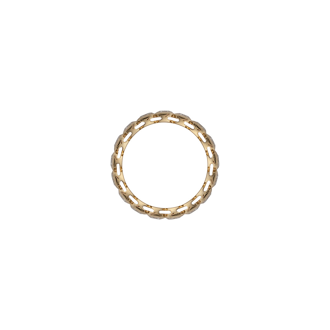A sideview of an eternity band featuring a 14k gold setting.