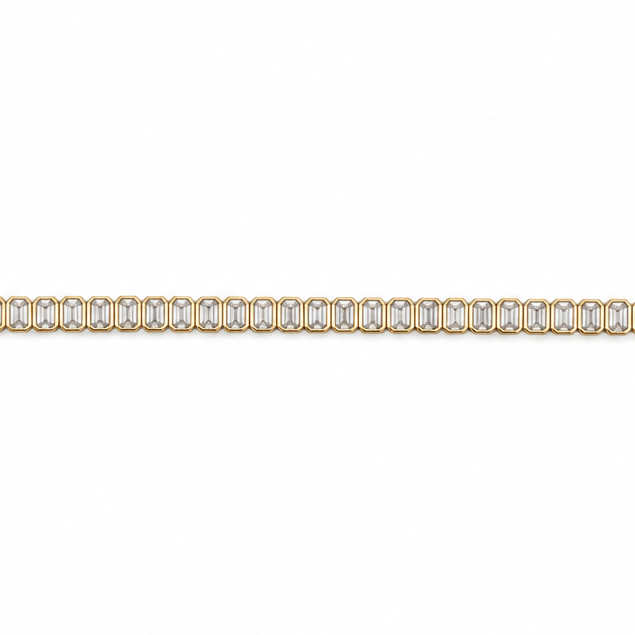 A North-South Emerald Cut Lab-Grown Diamond Tennis Bracelet with gold and diamond details on a white background.