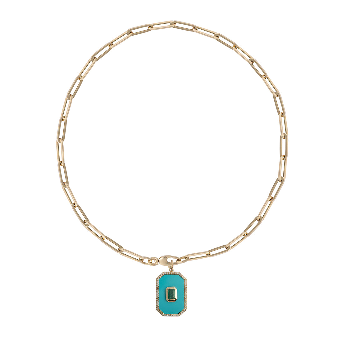 A paperclip chain with a turquoise pendant.