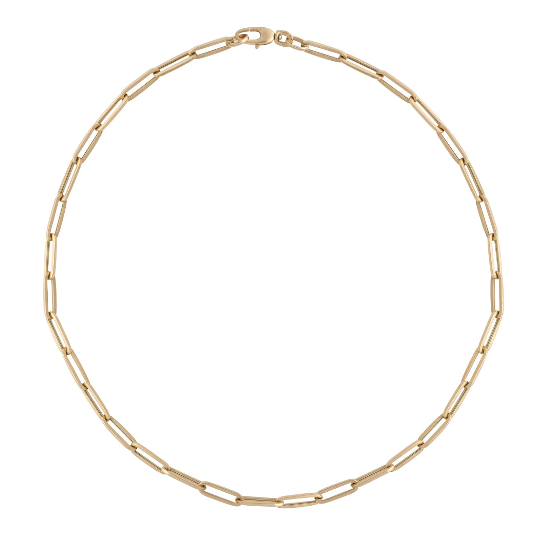 A 14k gold paperclip chain necklace with a clasp, displayed on a plain background.