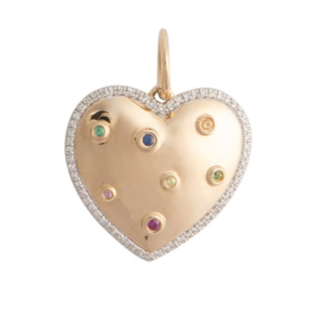Gold heart-shaped pendant with embedded gemstones on a white background