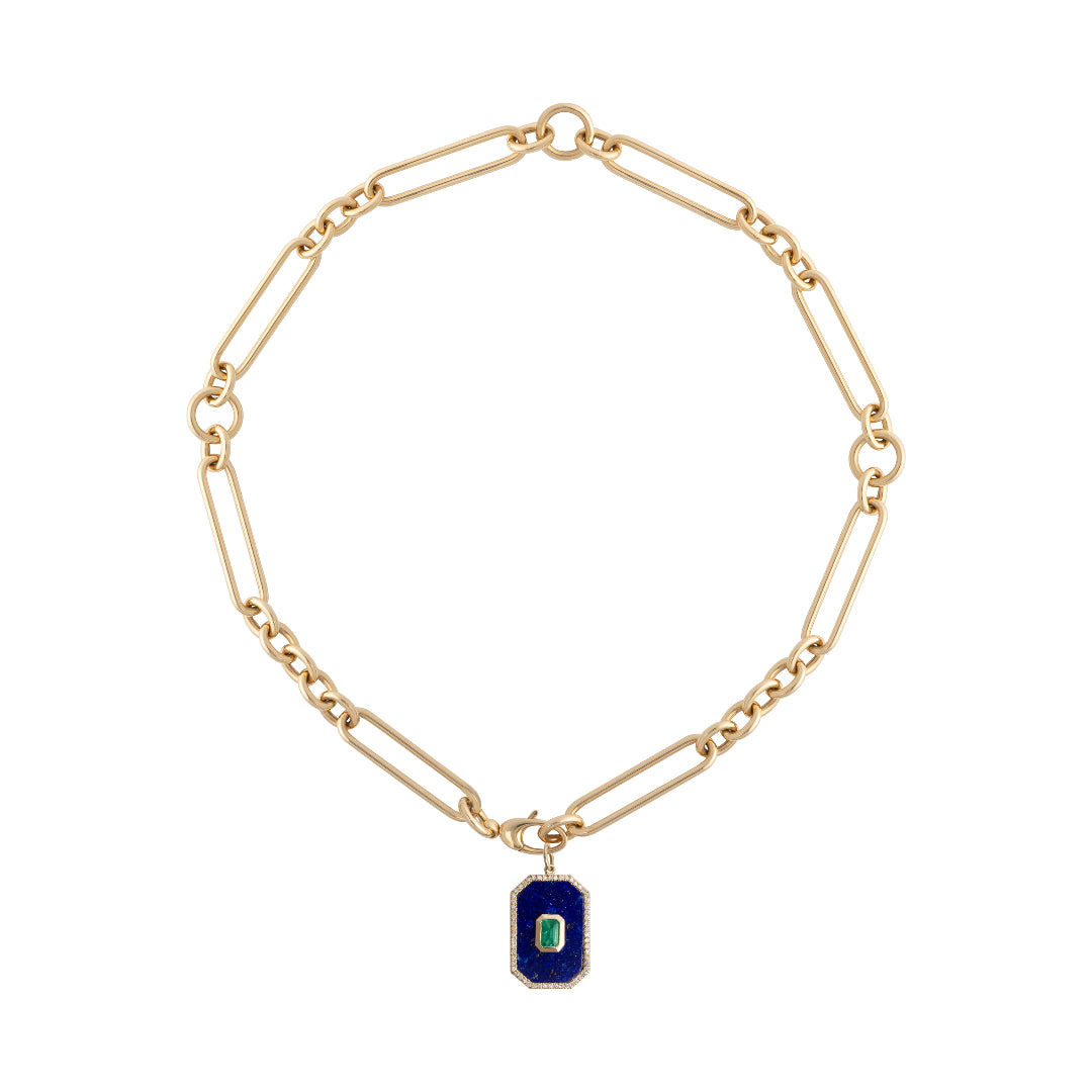 A 14k chunky link chain with a laps, emerald and diamond pendant attached at the clasp.
