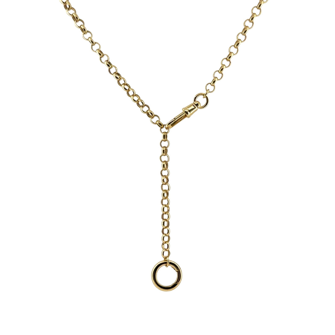 A 14k gold rolo chain with two closures, styled as a lariat.