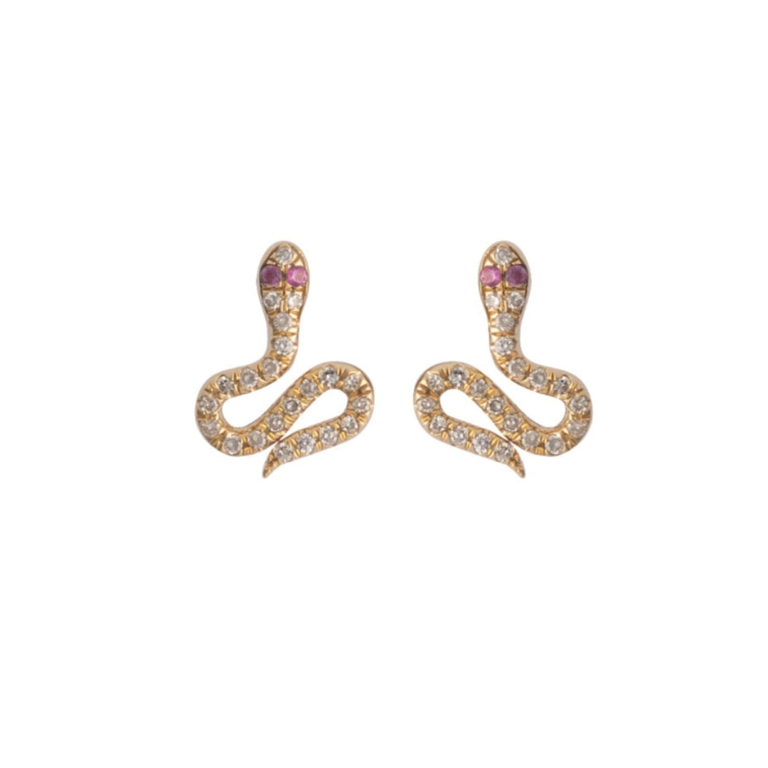 Gold snake-shaped earrings with pink gemstones on a white background