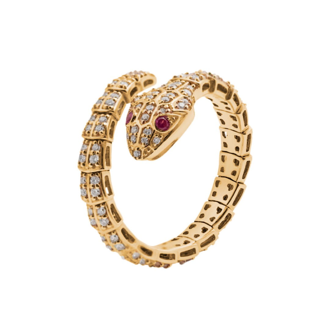 A flexible ring with a serpent-like design, adorned with rubies and diamonds.