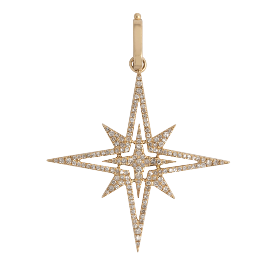 A 14k gold Starburst Diamond Pendant with a clasp attachment, featuring a geometric starburst pattern with diamonds.