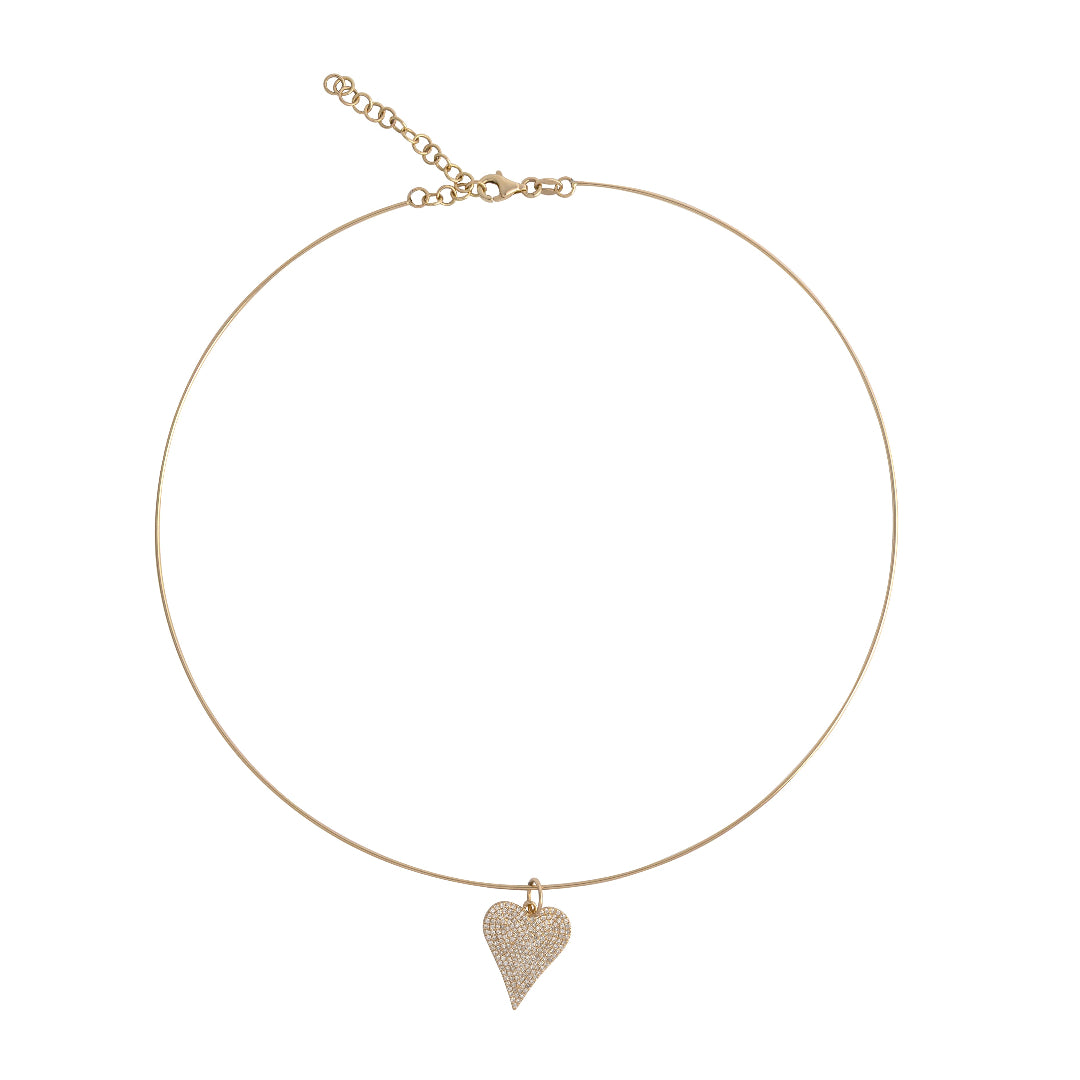 A thin wire gold necklace with a heart-shaped pendant on a white background.