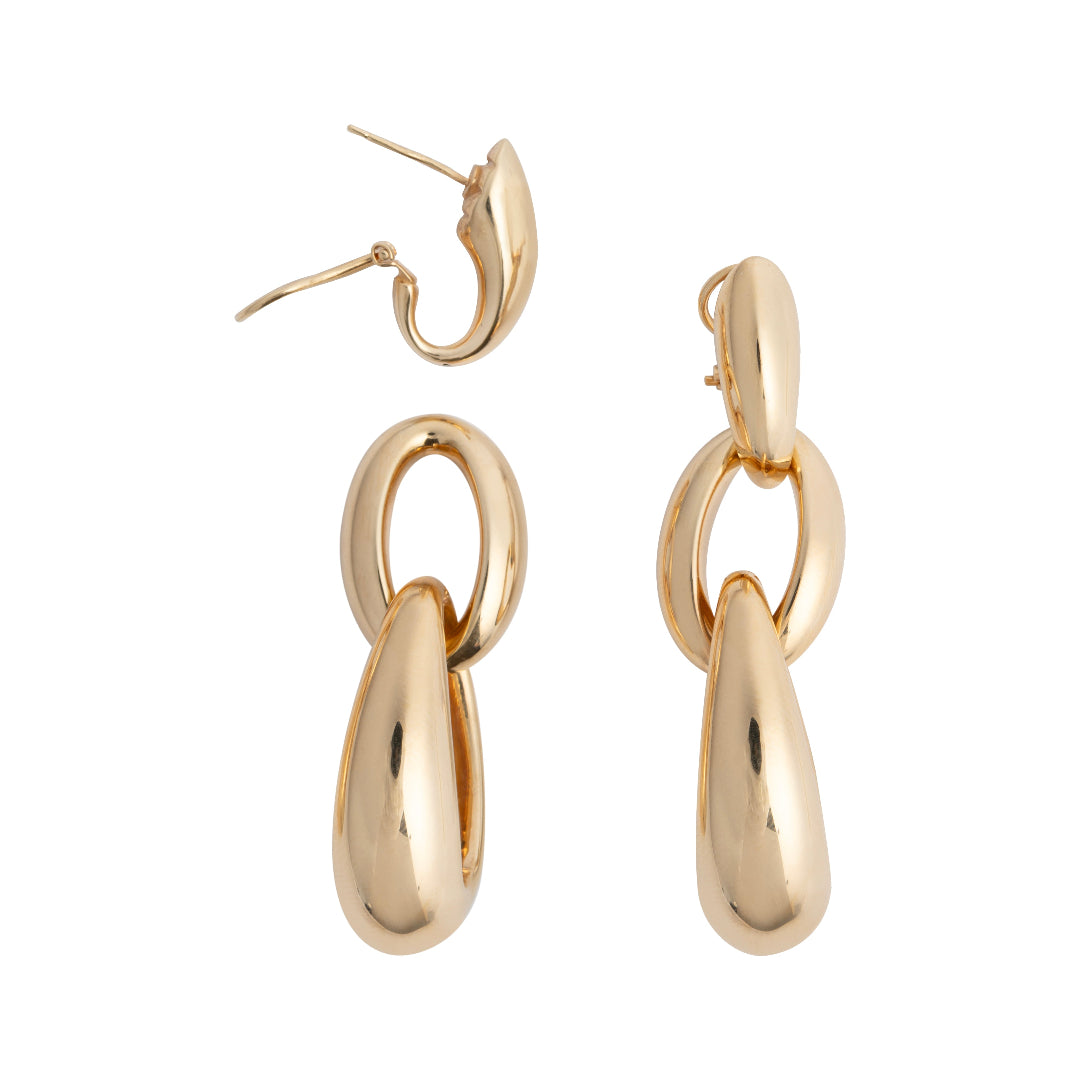 Two gold earrings on a white background, showcasing the removable bottom two links and the hinge opening.