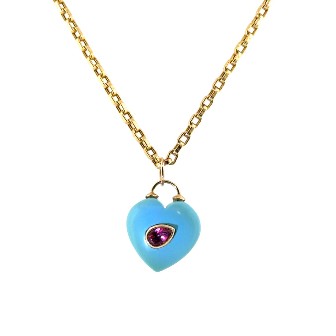 A 14k gold chain necklace featuring a turquoise heart-shaped pendant with a small teardrop-shaped pink topaz in the center, set against a plain white background.