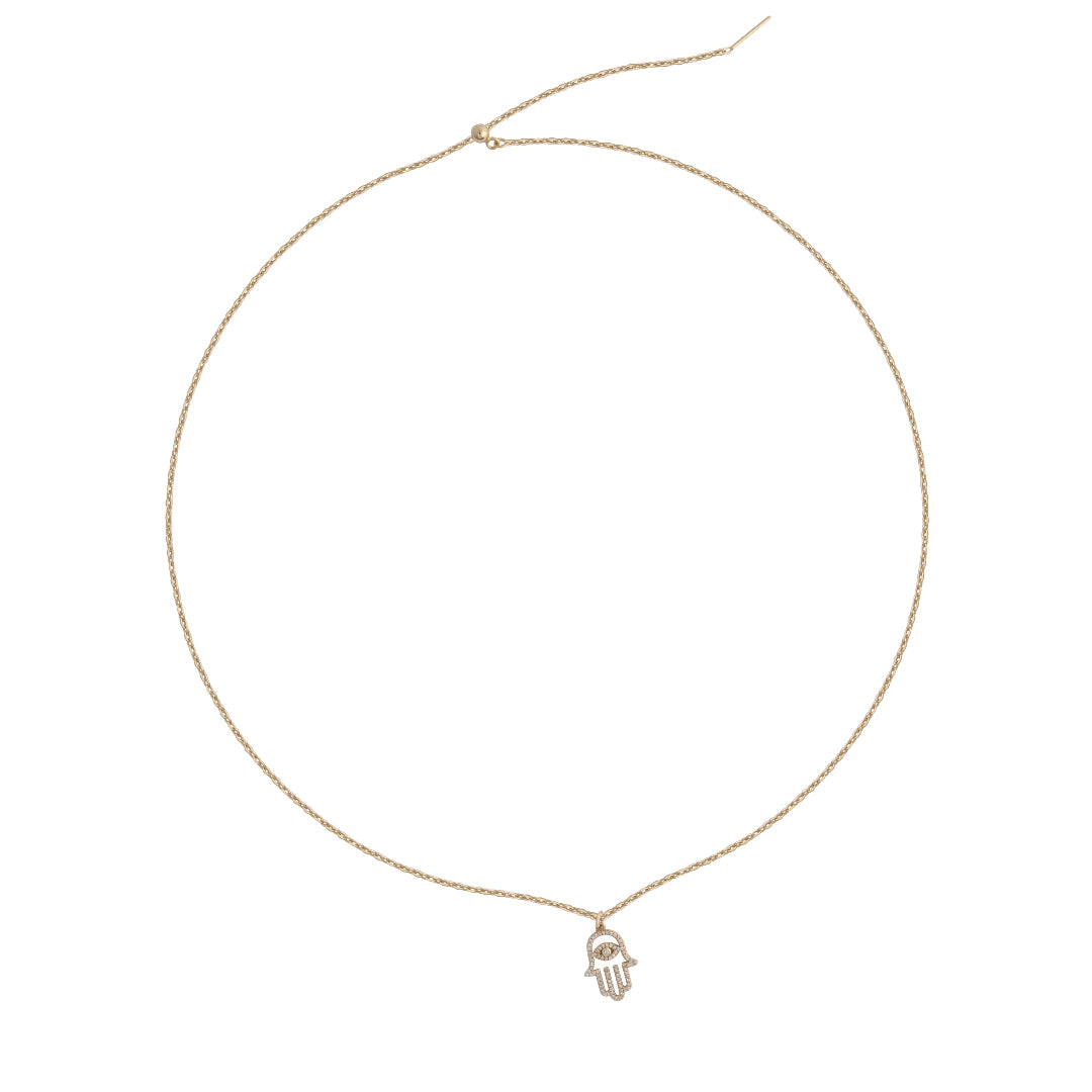 A thin gold chain with an adjustable closure with a hamsa diamond charm attached. 